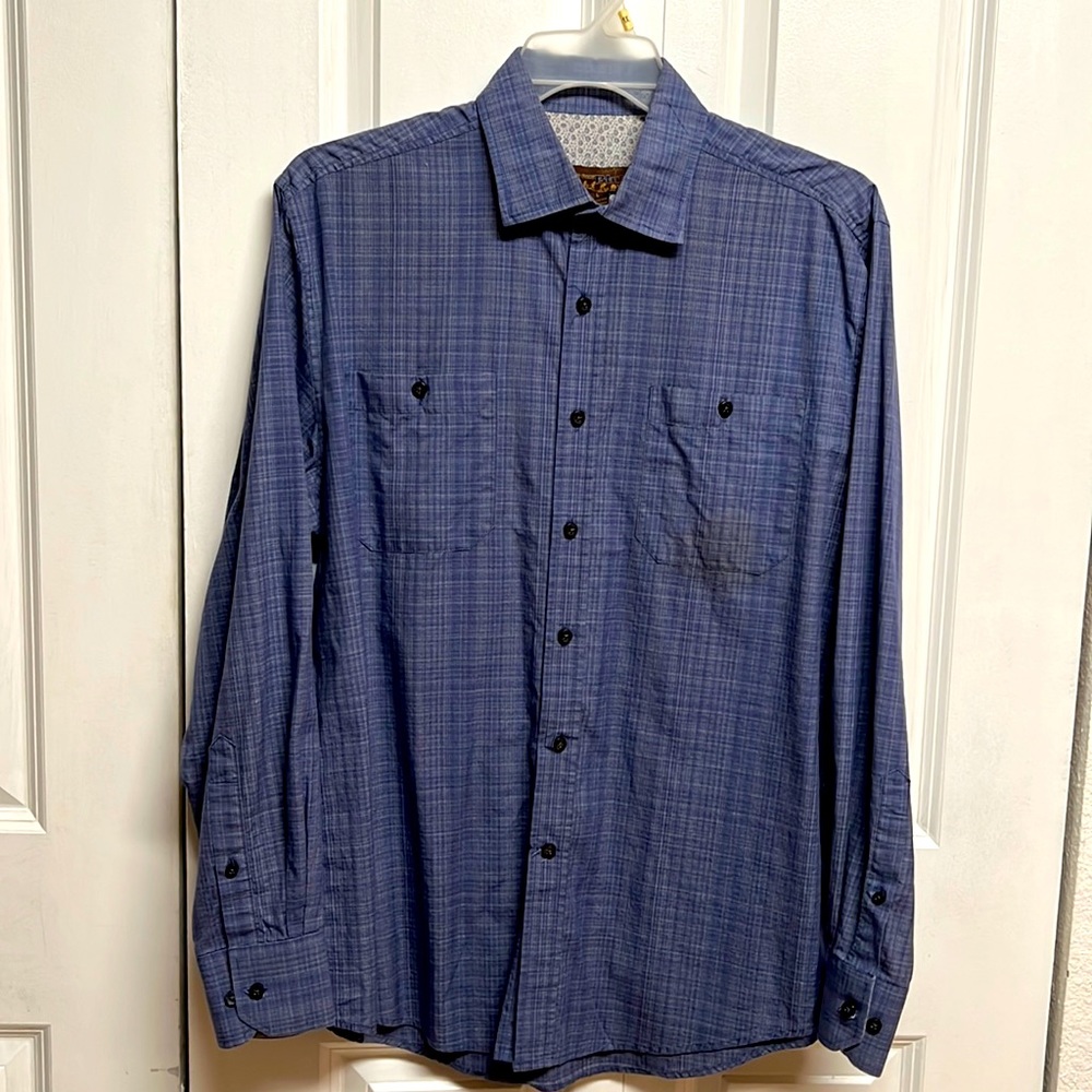 Pronto Uomo Blue Plaid Pocket Cotton Long Sleeve Shirt Size L